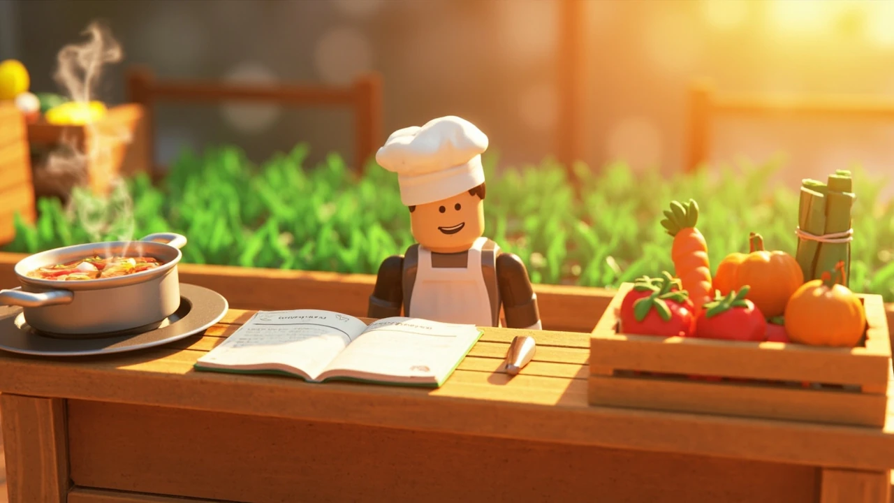 A blocky Roblox chef cooking at an outdoor station with fresh garden ingredients