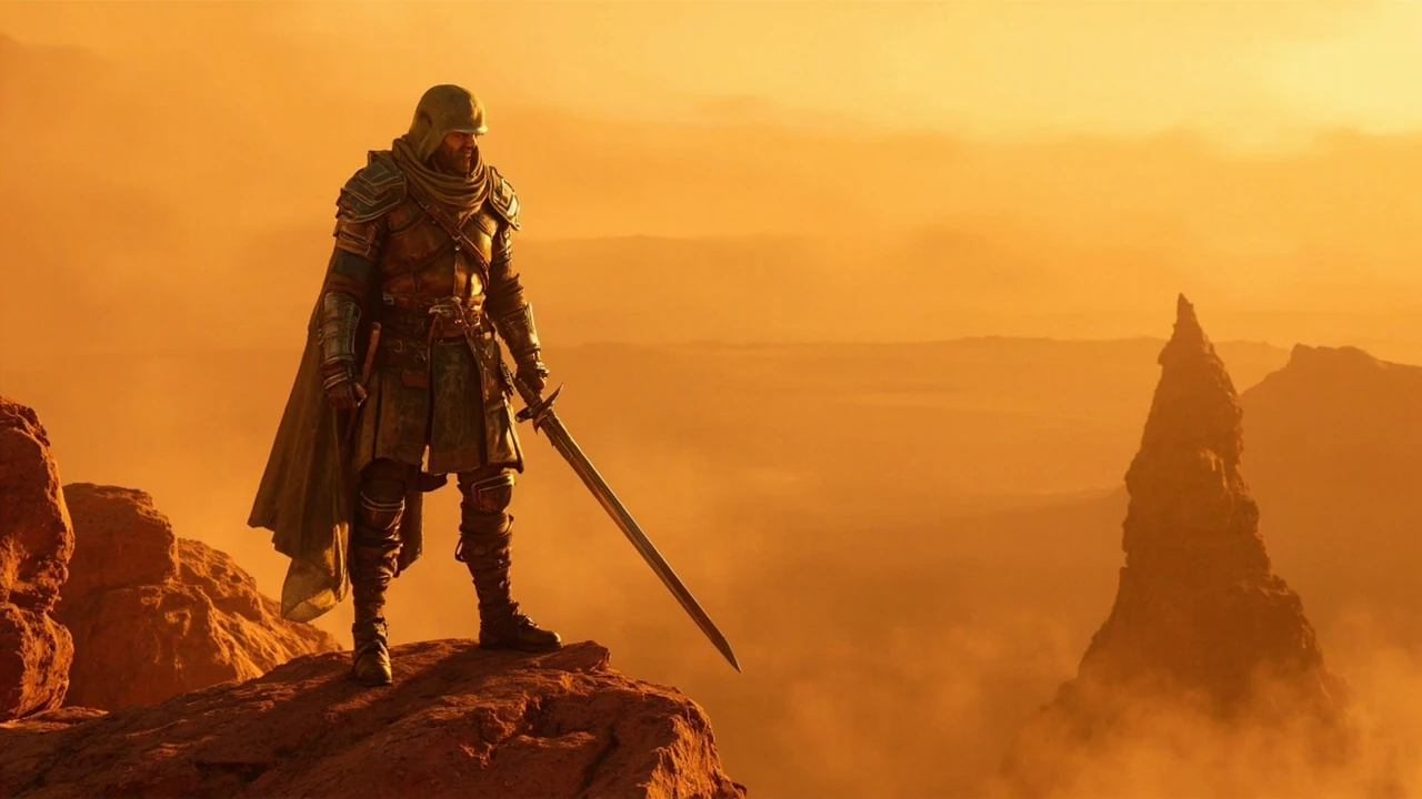 Bared fang crimson desert sword held by a warrior on rocky terrain