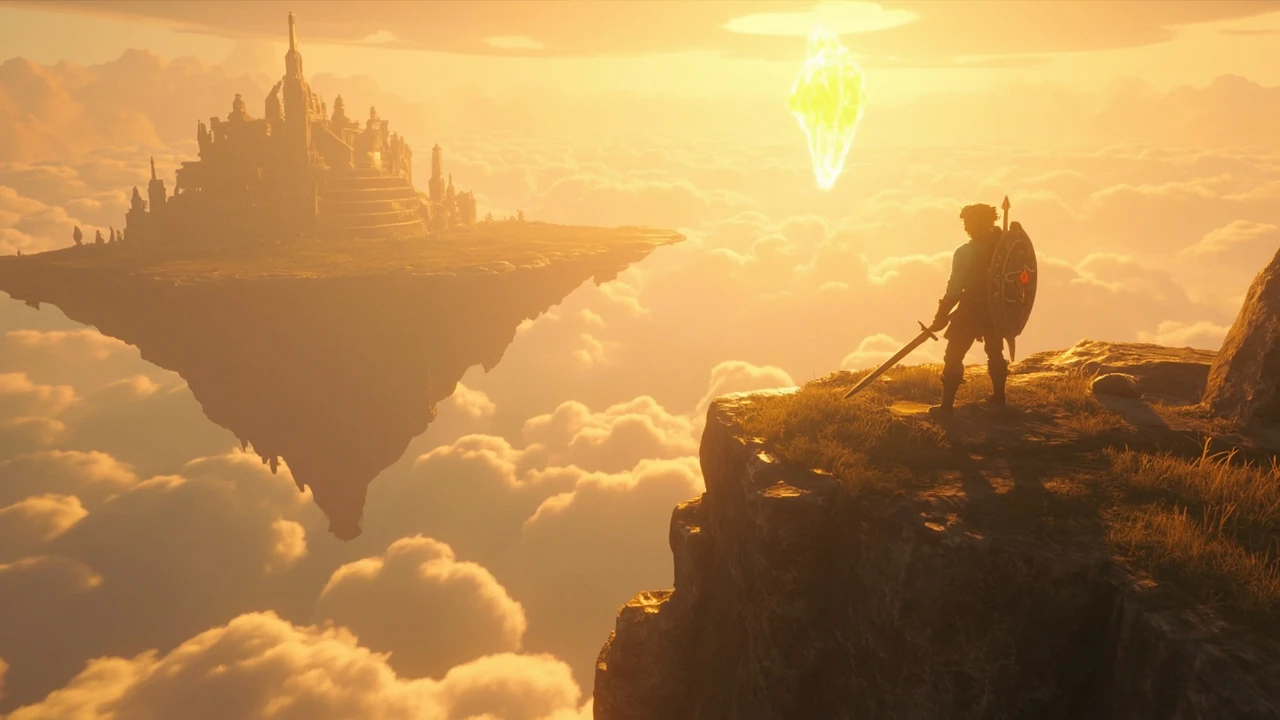 Hero scene for a zelda tears of the kingdom walkthrough guide featuring Link on a sky island