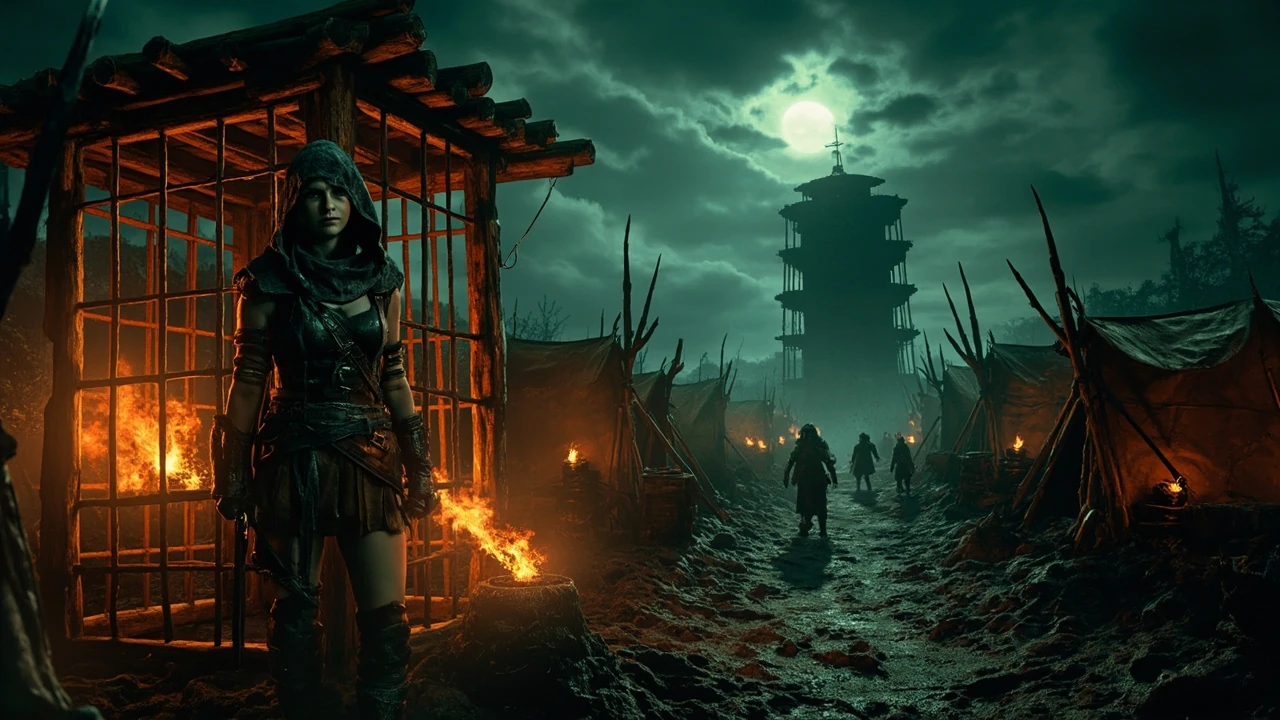 Player party approaching Shadowheart's wooden cage inside the torchlit goblin camp in Baldur's Gate 3
