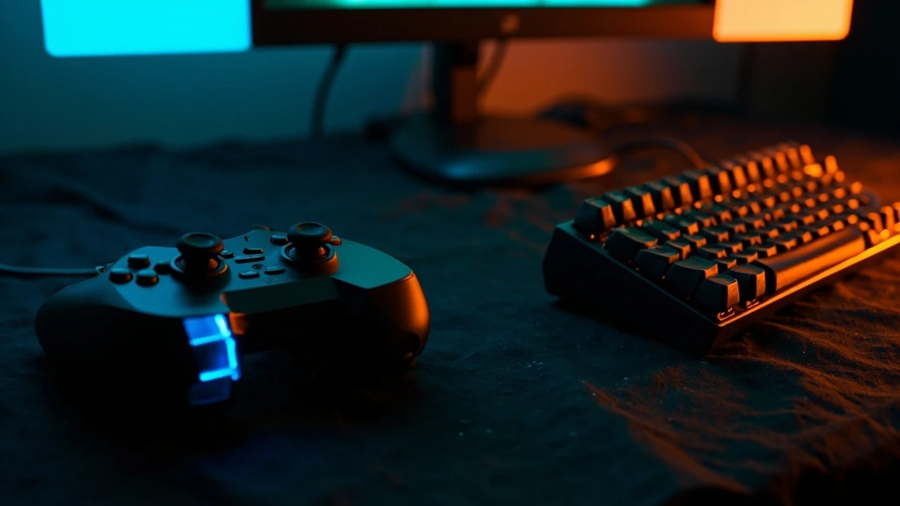 A controller and keyboard representing GTA 5 cheat codes for console and PC