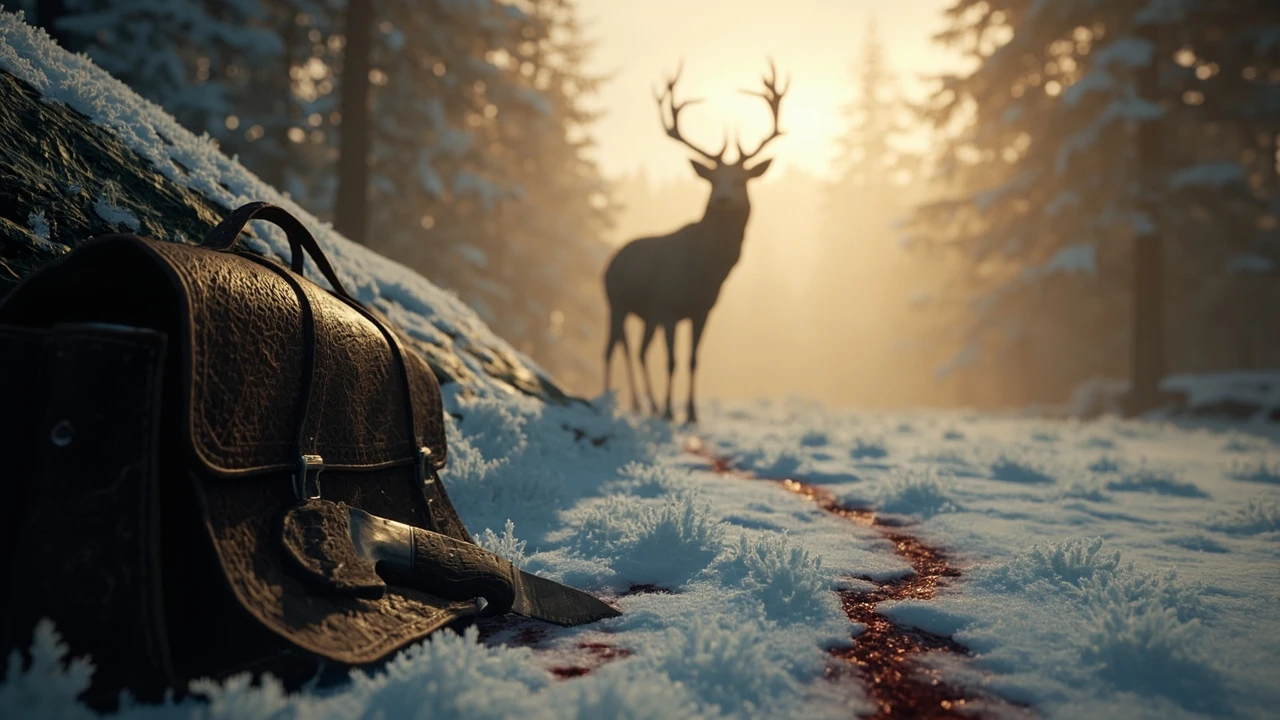 RDR2 legendary buck hunting scene in a snowy forest