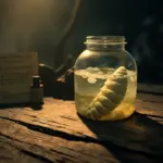 A jar of pickled muckmaggot on a wooden surface in a Silksong-inspired scene